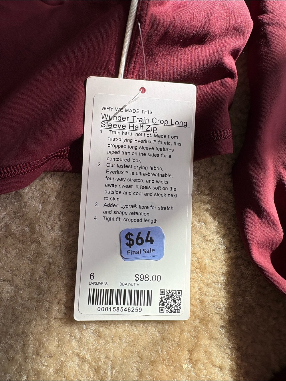 Lululemon wunder train crop half zip nwt size 6 - Picture 2 of 3